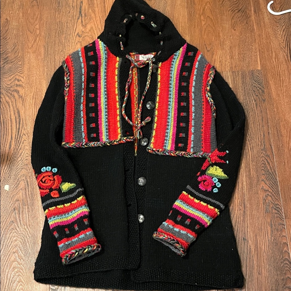 Black Hooded Knit Cardigan with Colorful Stripes & Floral Embroidery